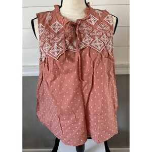 Anthropologie MINE Boho Top Womens Small Orange Ivory Embroidered Dots New